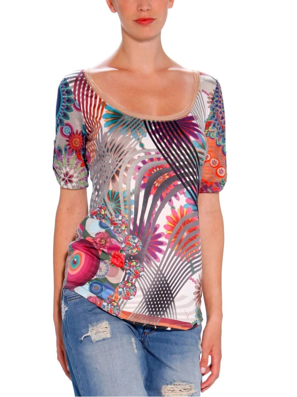 Desigual Bright Multicolour Floral Scoop Neck Women’s Top Size Large Maximalist